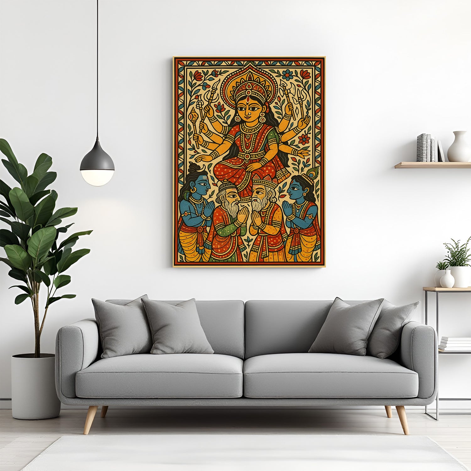 Durga Mata Madhubani art canvas wall painting in premium wrapped frame with traditional folk detailing