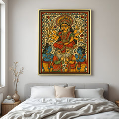 Luxury Durga Mata Madhubani painting canvas in golden floater frame with vibrant traditional design