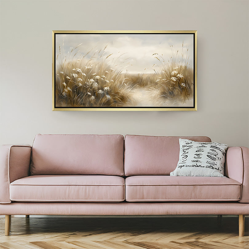 Golden-framed wall art of dusty-style wild grass in soft tones, ideal for warm, elegant, and organic-inspired interiors
