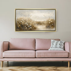 Golden-framed wall art of dusty-style wild grass in soft tones, ideal for warm, elegant, and organic-inspired interiors