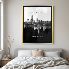Early Mornings Late Nights motivational canvas wall art with golden floater frame