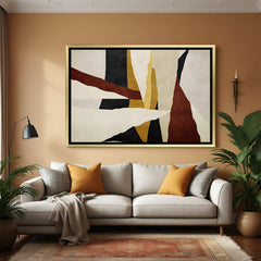 Elegant earth tone abstract canvas wall art in golden frame with black, rust, and beige tones