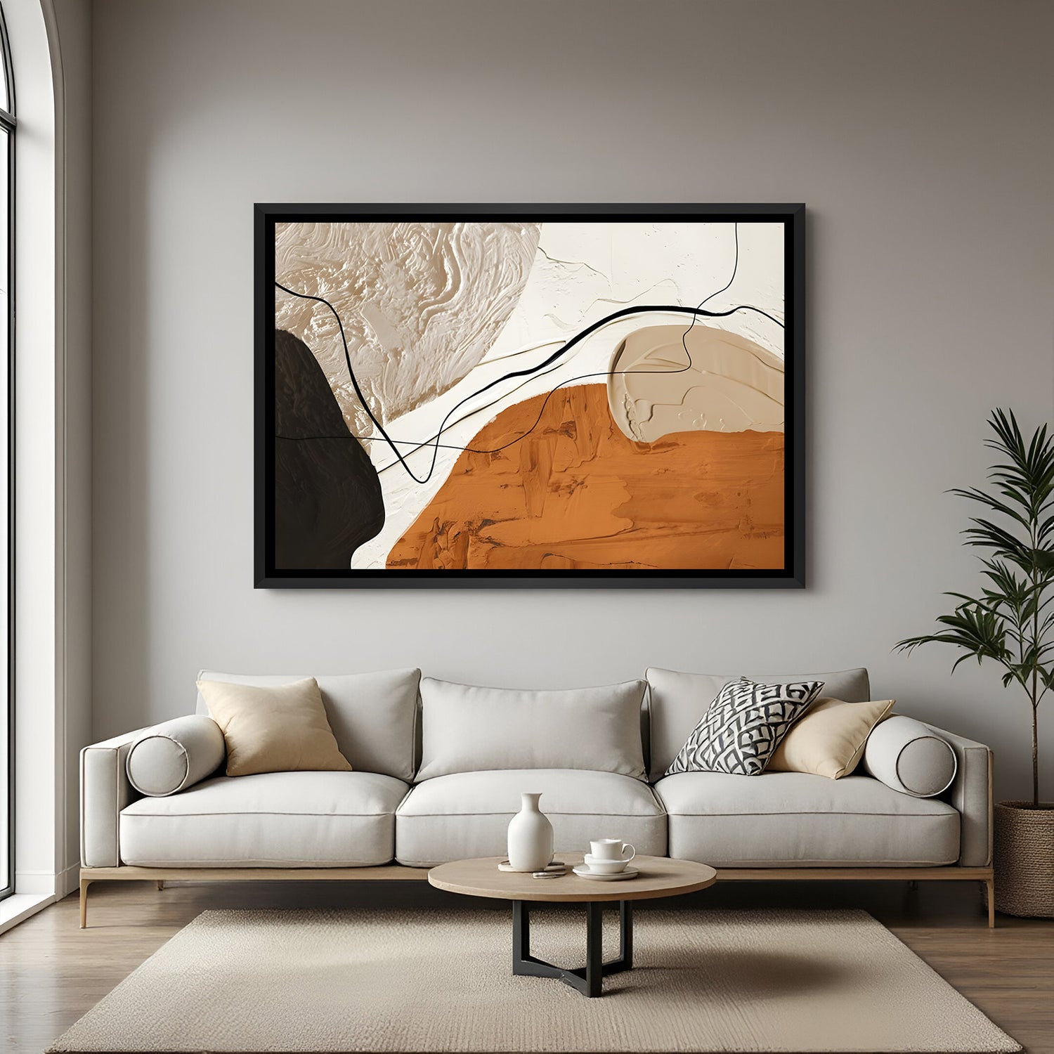 Terracotta and beige abstract textured painting in black floater frame for modern living room decor