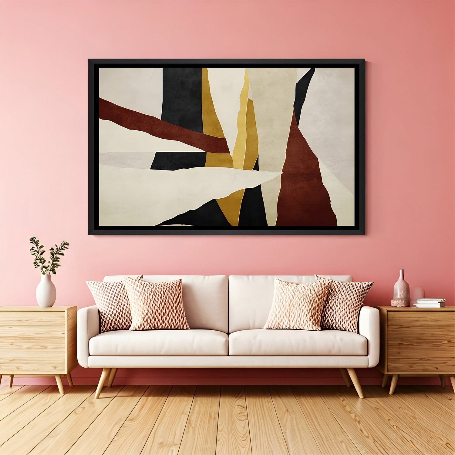 Minimalist earth tone abstract painting in black frame with rust and gold accents for modern interiors
