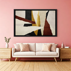 Minimalist earth tone abstract painting in black frame with rust and gold accents for modern interiors