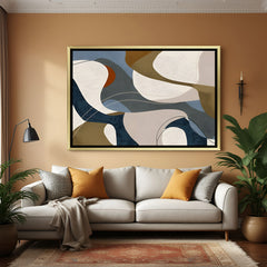 Elegant abstract flow wall art with golden frame in beige, blue and taupe tones