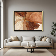 Elegant earthy abstract line canvas wall art in brown and beige tones with golden frame for luxury home decor