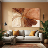 Earthy abstract canvas wall art with flowing brown and beige line patterns displayed above sofa in warm living room decor canvas wrap