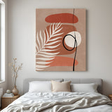 Boho canvas with brownish background, 3 abstract shapes, and a soft leaf stem in earthy palette