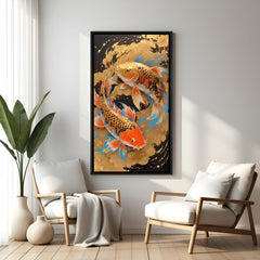 Feng Shui koi fish artwork with luxurious gold and black tones in elegant black floater frame