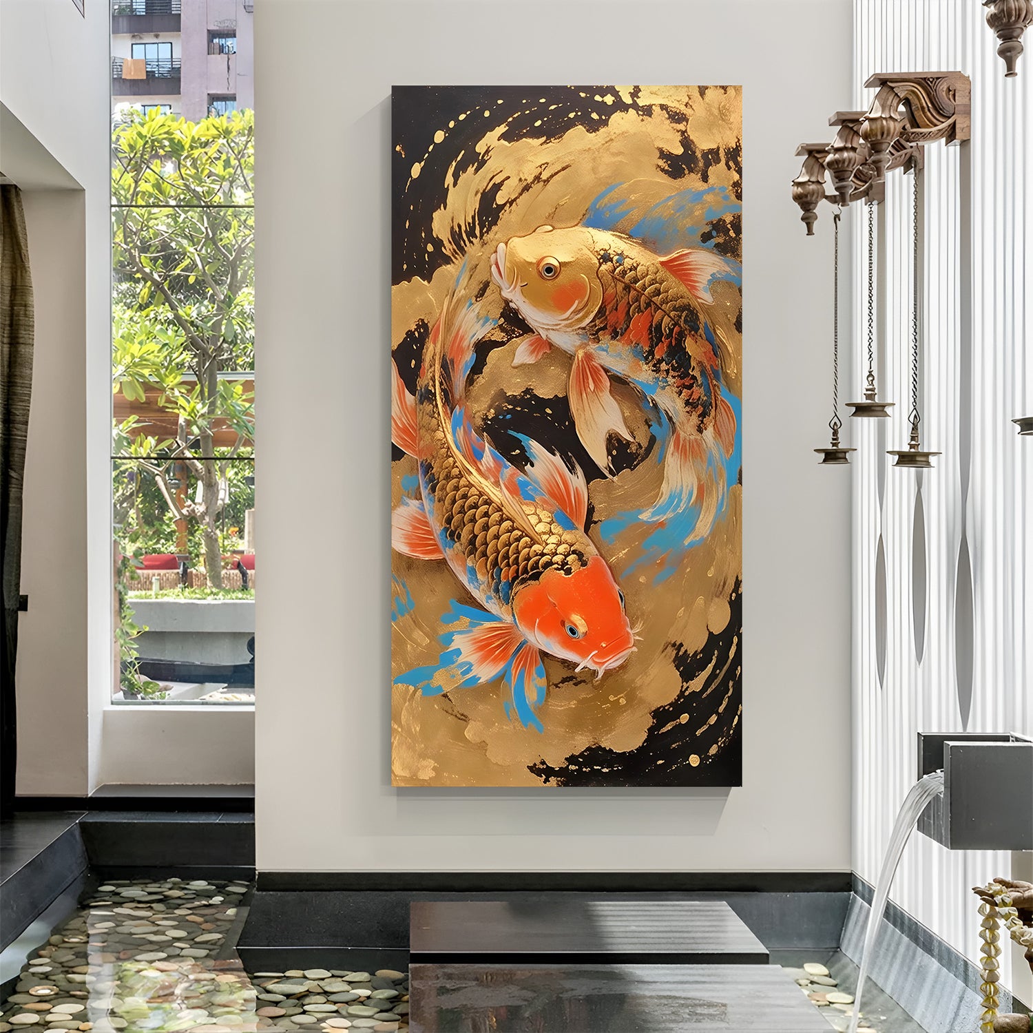 Two vibrant koi fish against a contrasting gold and black background in premium canvas wrapped frame
