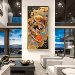 Eclipse of Fortune Twin Koi artwork in luxury golden floater frame featuring vibrant fish and a dramatic gold black backdrop