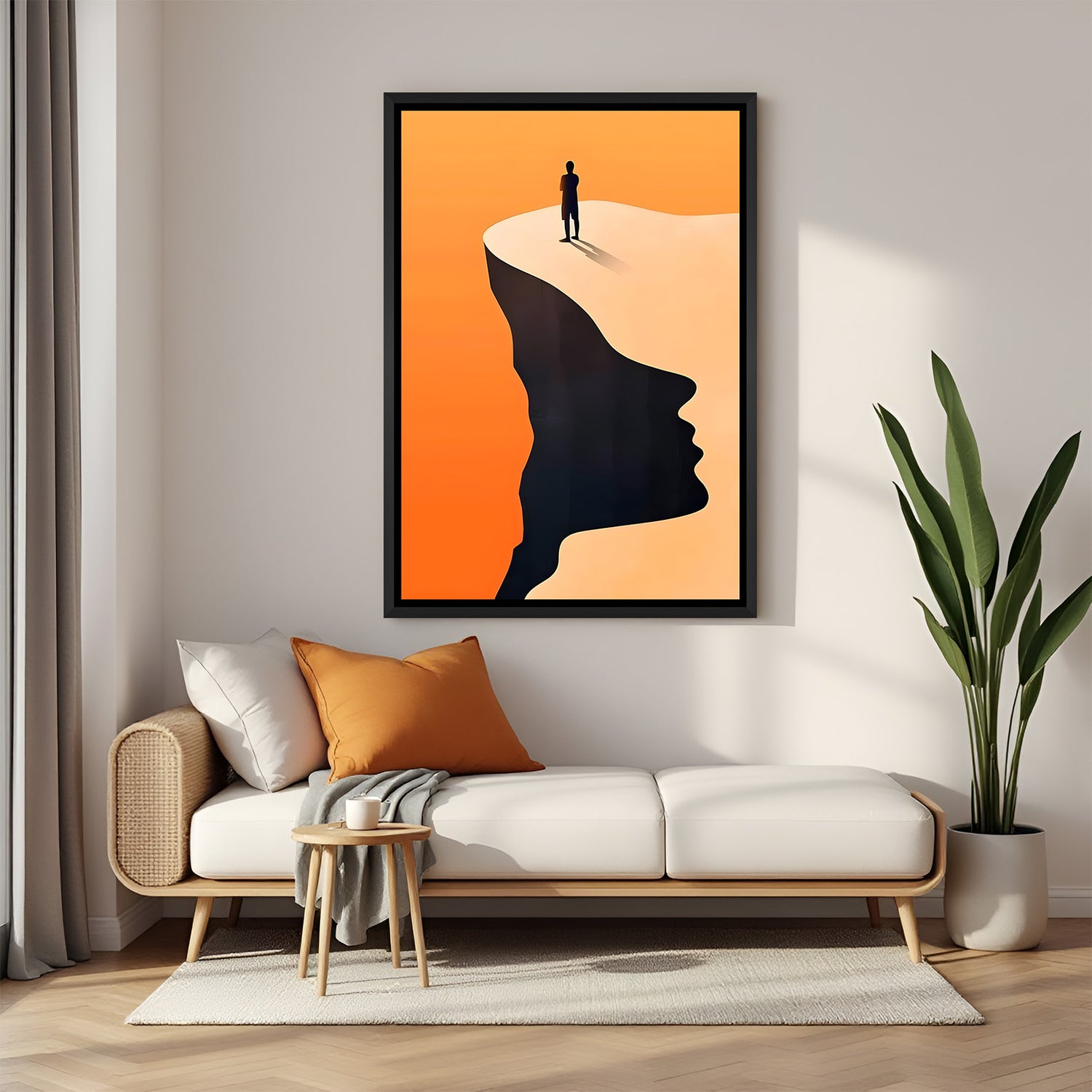 Modern abstract scenery artwork with lone person standing on edge in elegant black floater frame