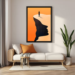 Modern abstract scenery artwork with lone person standing on edge in elegant black floater frame