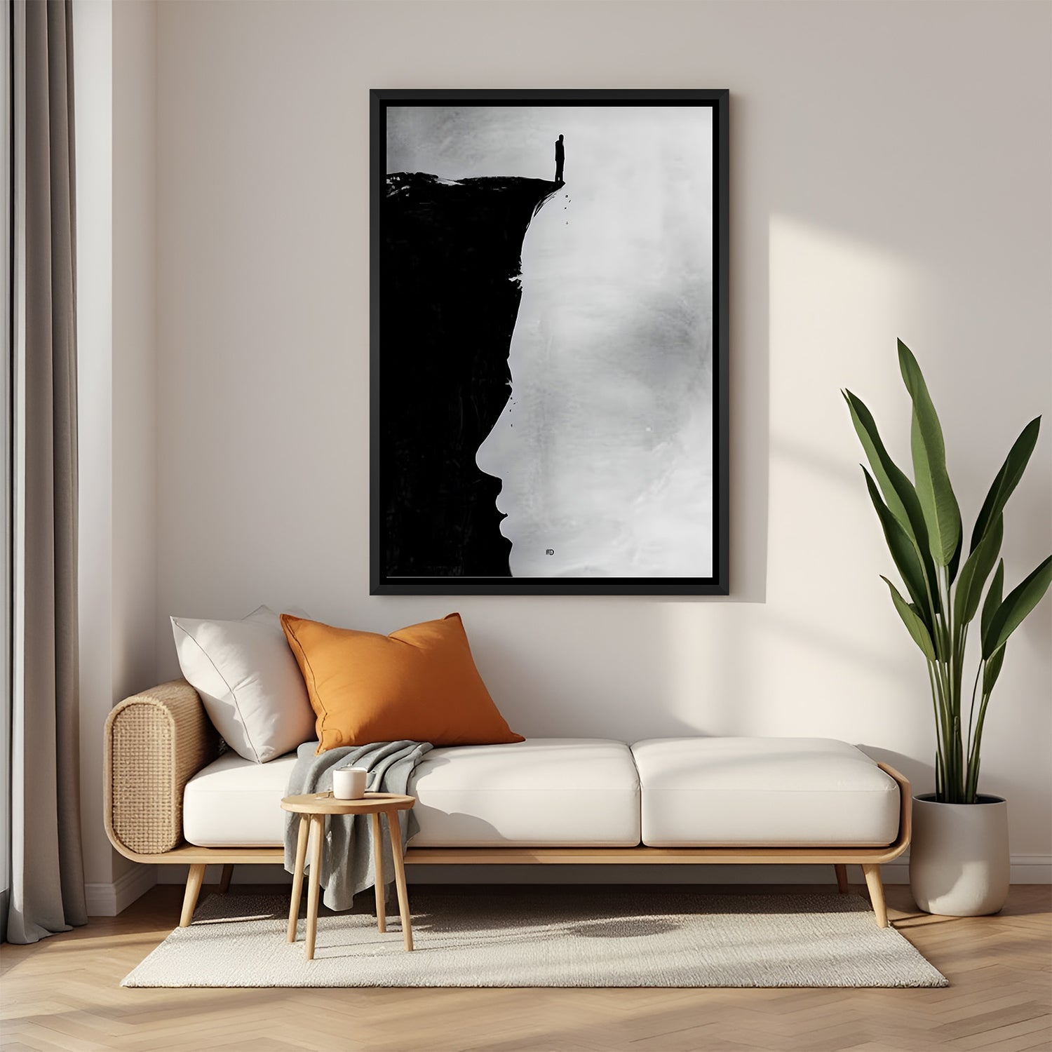 Monochrome modern artwork with solitary figure at landscape edge in elegant black floater frame