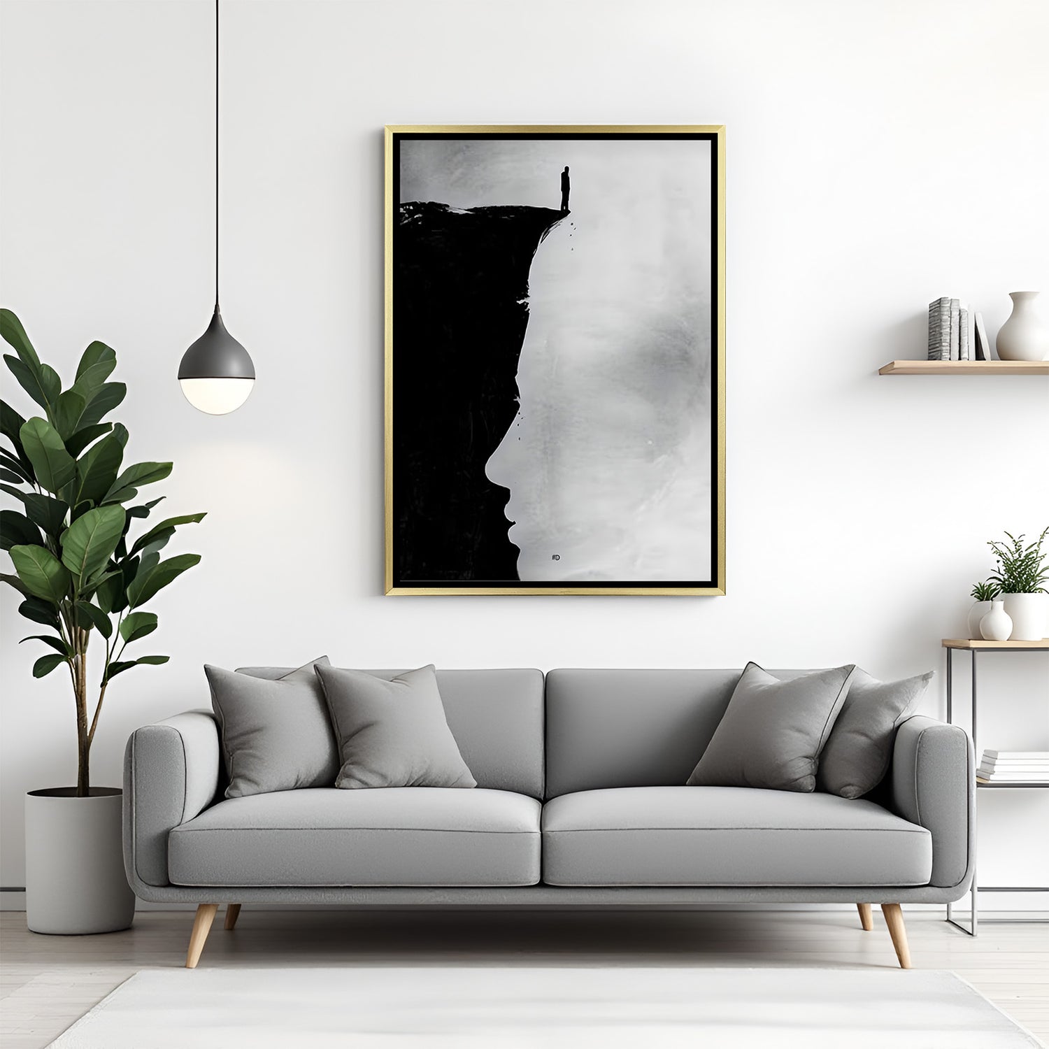 Minimal black and white canvas artwork showing person standing at edge of land with modern abstract styling