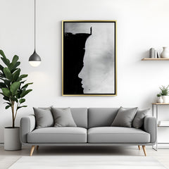 Minimal black and white canvas artwork showing person standing at edge of land with modern abstract styling