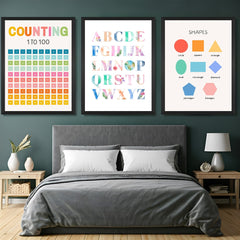 Canvas wall art set for kids with bright visuals of numbers, alphabets, and shapes – ideal for nursery, playroom, or learning space decor