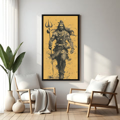 Minimalist Mahadev trident artwork with yellow background in elegant black floater frame