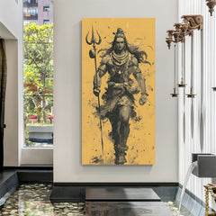 Monochromatic Lord Shiva illustration holding trident against yellow background in premium canvas wrapped frame