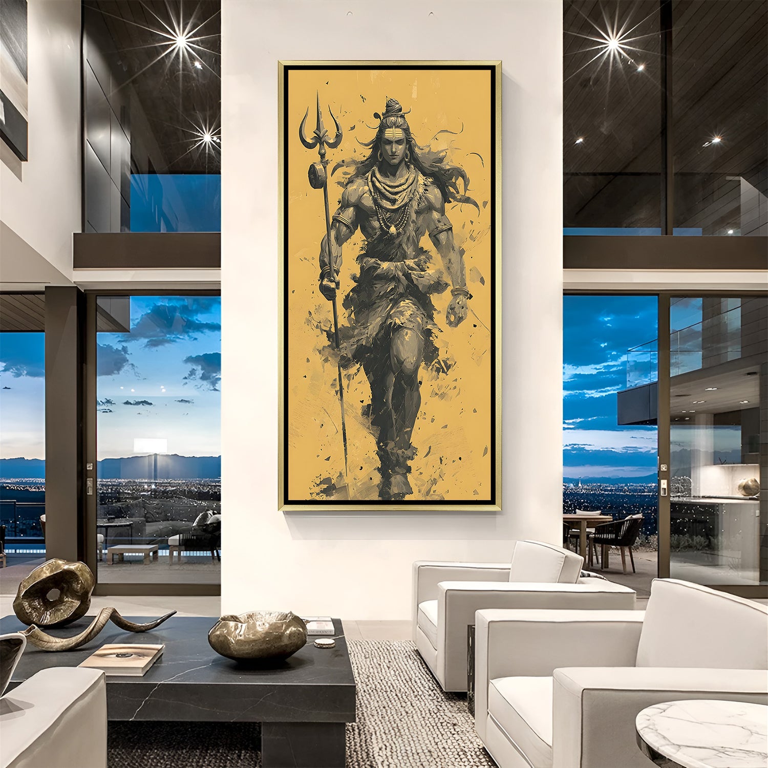 Lord Shiva monochrome canvas painting with trishul and yellow backdrop in luxurious golden floater frame