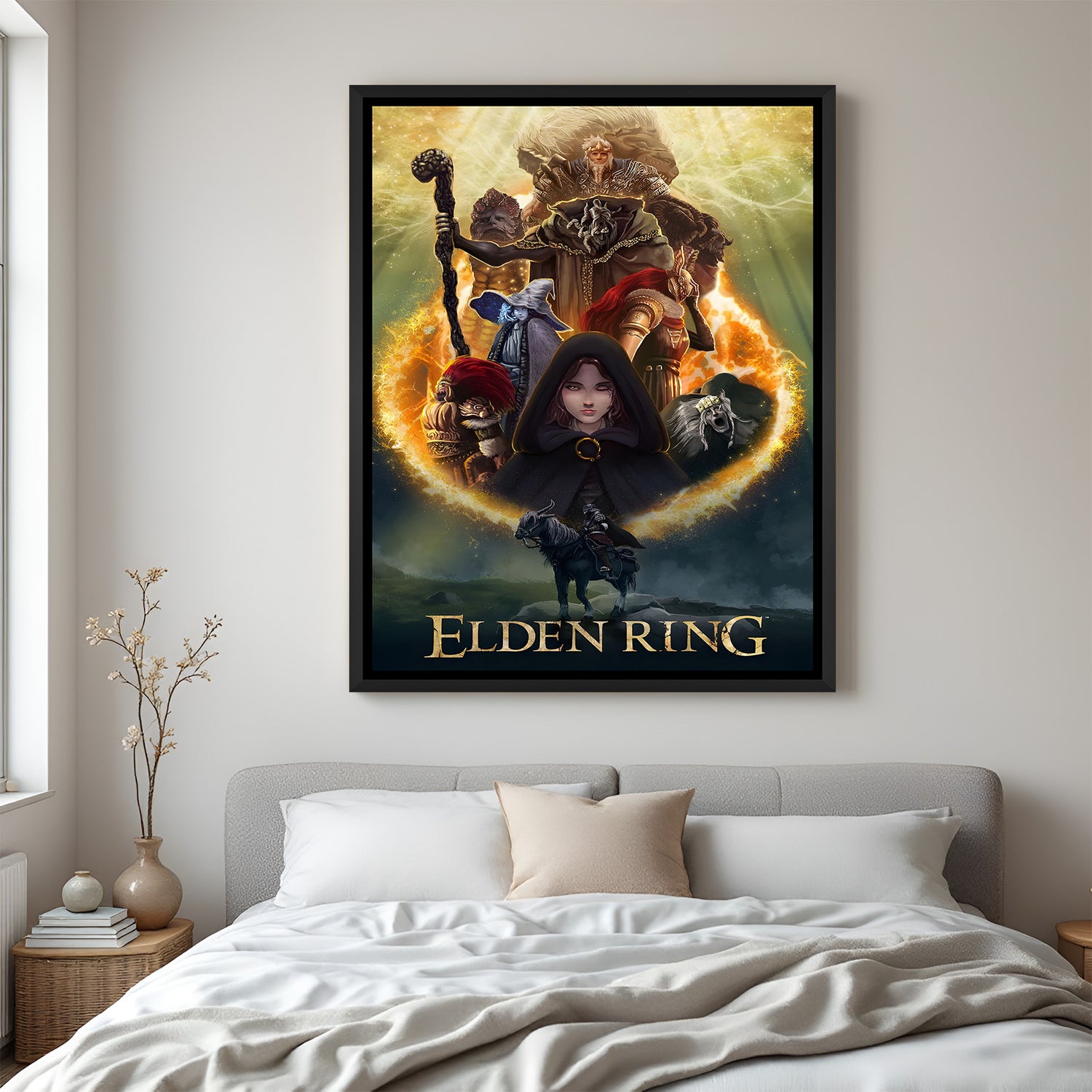 Elden Ring Crown of the Tarnished wall painting in black floater frame with cinematic fantasy RPG artwork