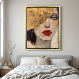 Golden frame canvas print of abstract female portrait with hat – elegant wall art showing one eye and graceful neckline