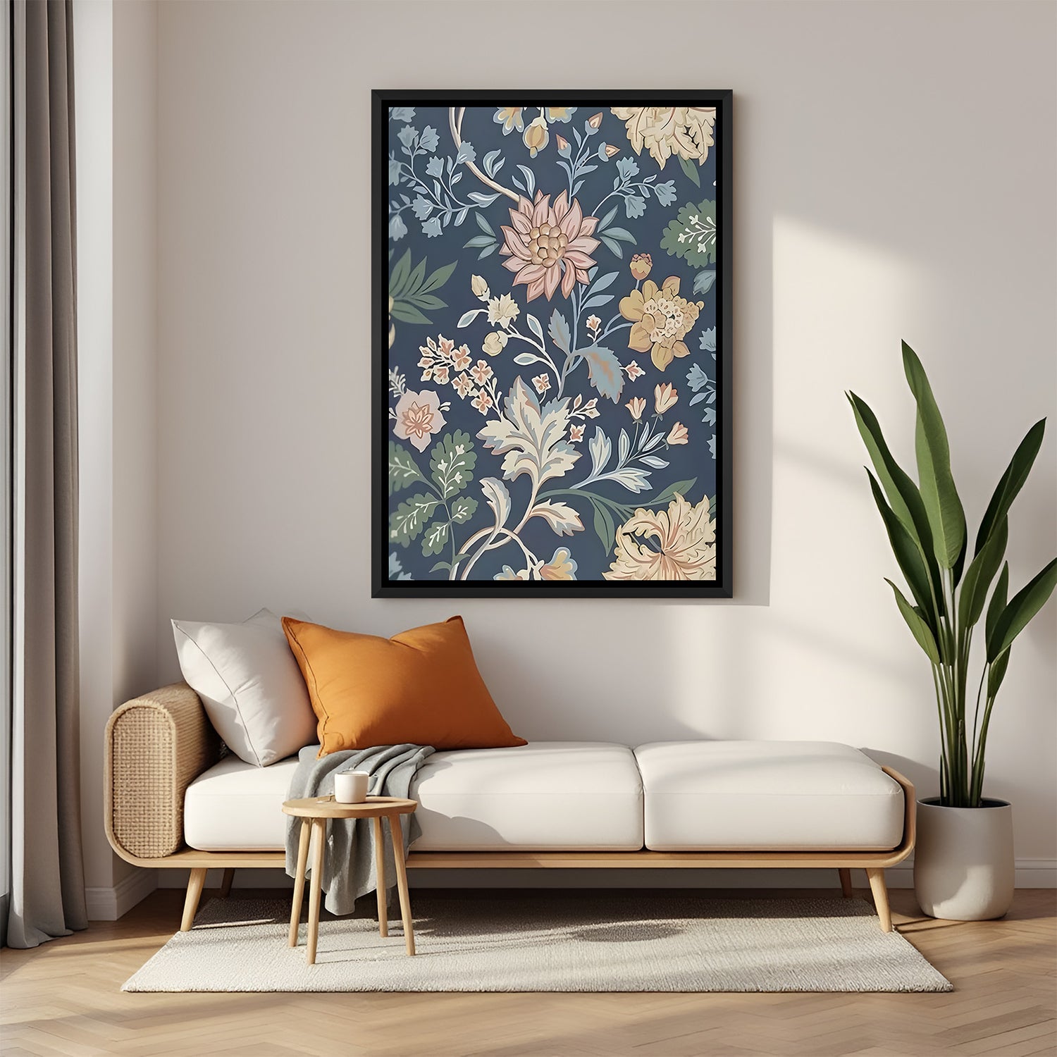 Floral Kalamkari wall painting in elegant black floater frame for modern and ethnic interiors