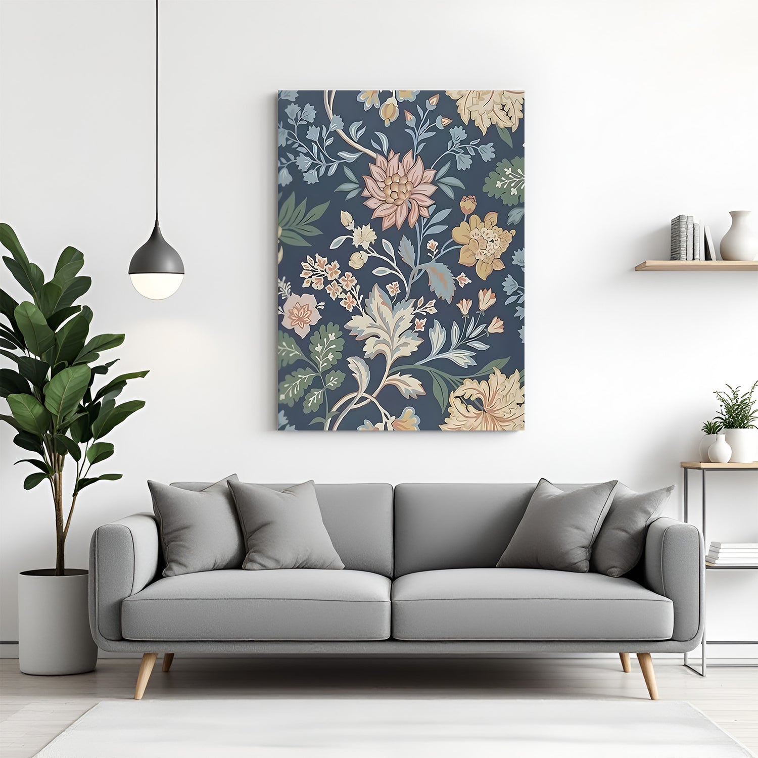 Elegant floral Kalamkari canvas wall art in premium canvas wrapped frame with intricate botanical detailing