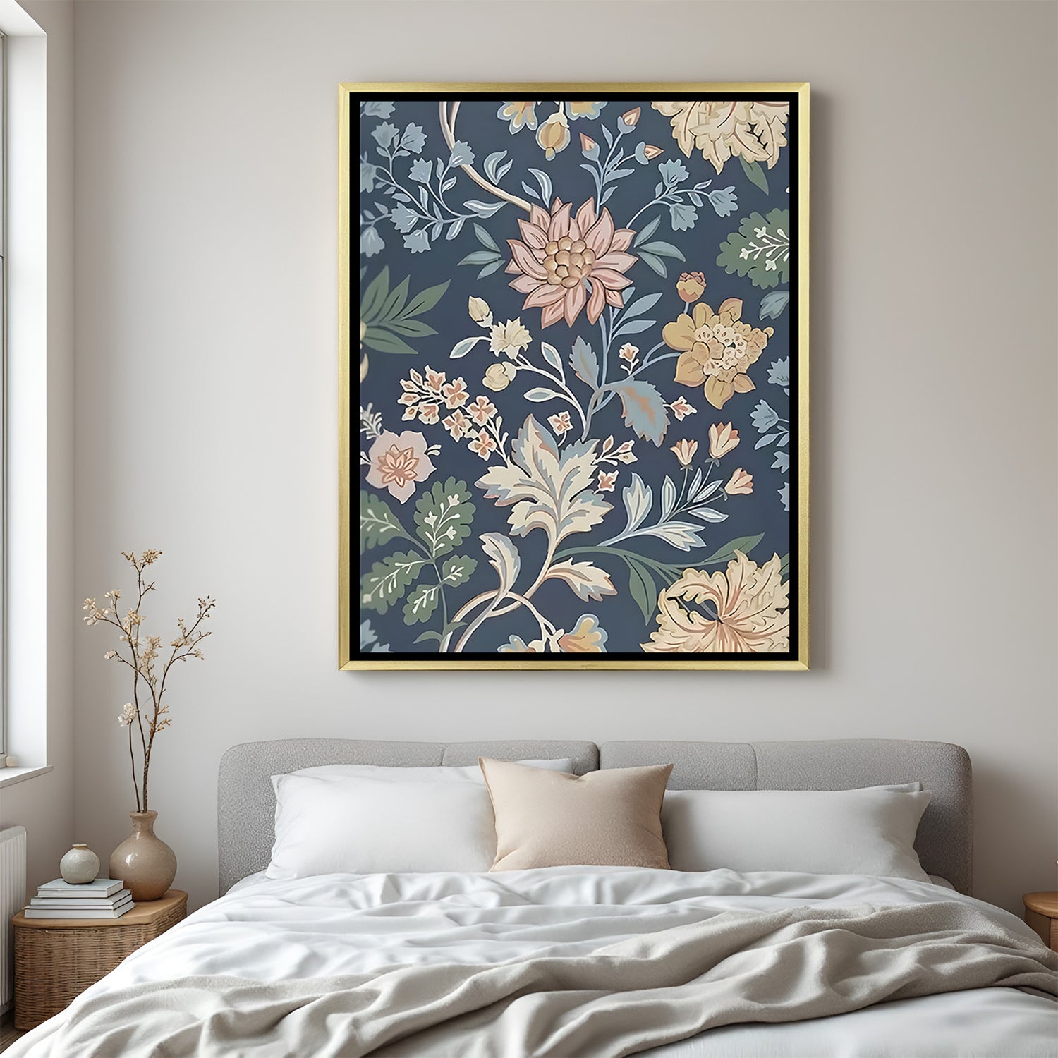 Luxury floral Kalamkari artwork in golden floater frame with traditional botanical design
