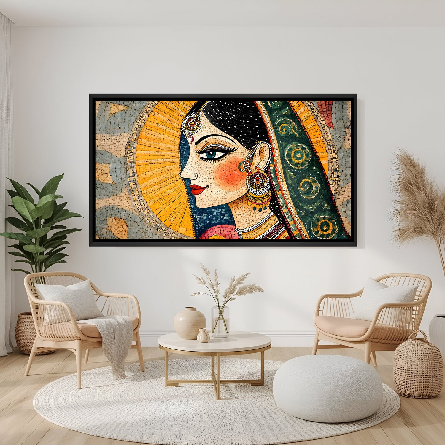 Elegant Kalamkari Lady Indian canvas artwork in premium black floater frame