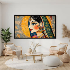 Elegant Kalamkari Lady Indian canvas artwork in premium black floater frame