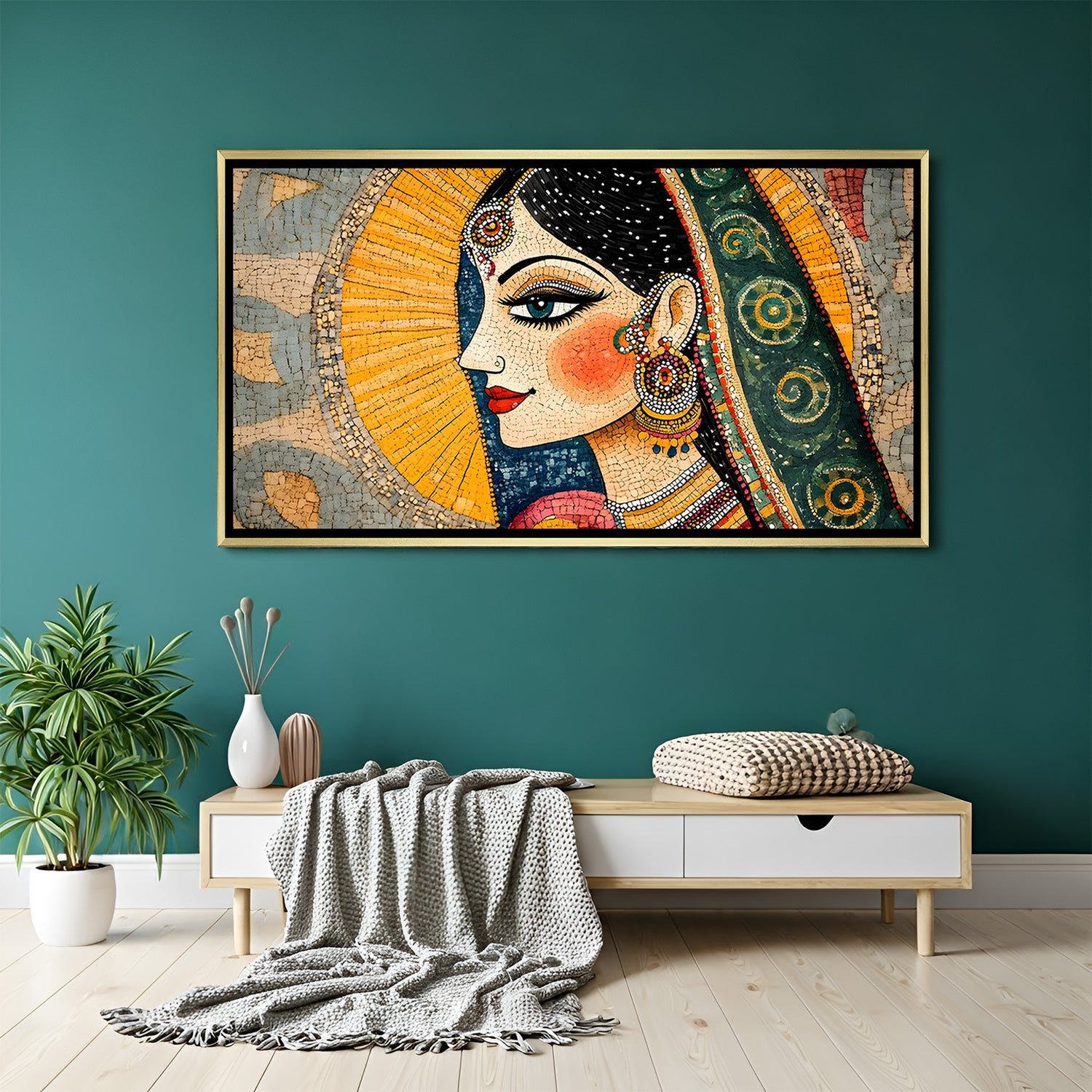 Kalamkari wall art in luxury golden floater frame with traditional Indian lady design