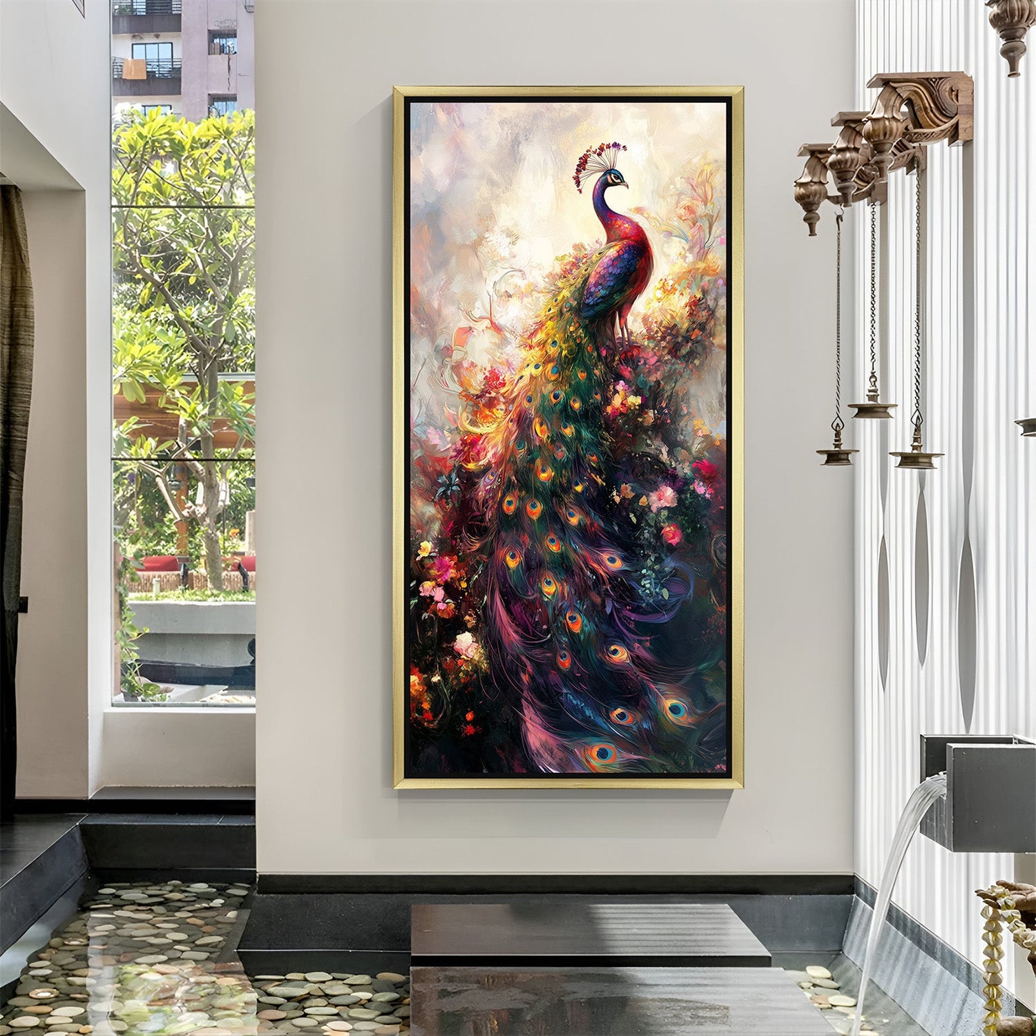 Golden frame peacock canvas wall art reflecting grace, beauty, and peaceful energy in sophisticated home or office interiors
