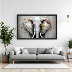 Graceful elephant wall art in black floater frame, ideal for peaceful and grounded living room or office decor