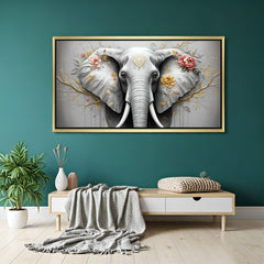 Decorative elephant canvas in golden floater frame, perfect for ethnic, spiritual, or wildlife-inspired interior styling