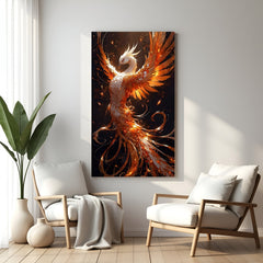 Vertical white and gold phoenix wall art with glowing ember wings against dark background.