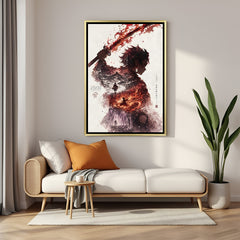 Luxury Tanjiro Kamado canvas artwork in golden floater frame featuring dramatic anime storytelling and fiery visuals