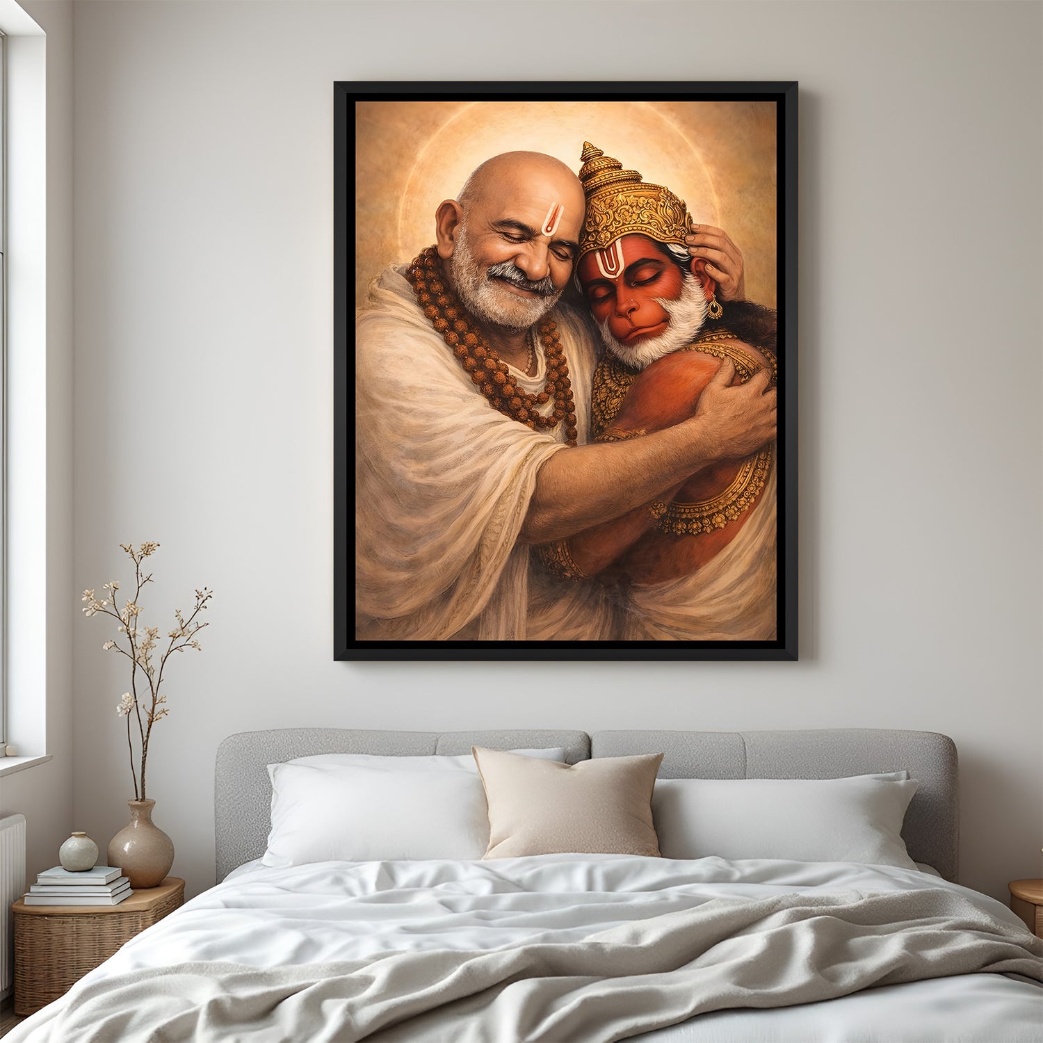 Neem Karoli Baba and Hanuman Ji embracing with radiant halos in elegant black floater frame