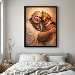 Neem Karoli Baba and Hanuman Ji embracing with radiant halos in elegant black floater frame