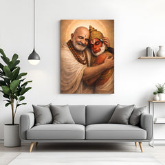 Neem Karoli Baba hugging Lord Hanuman with golden halos and joyful smiles in premium canvas wrapped frame