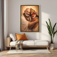 Embrace of Divine Devotion artwork in luxury golden floater frame featuring Neem Karoli Baba and Hanuman Ji smiling together