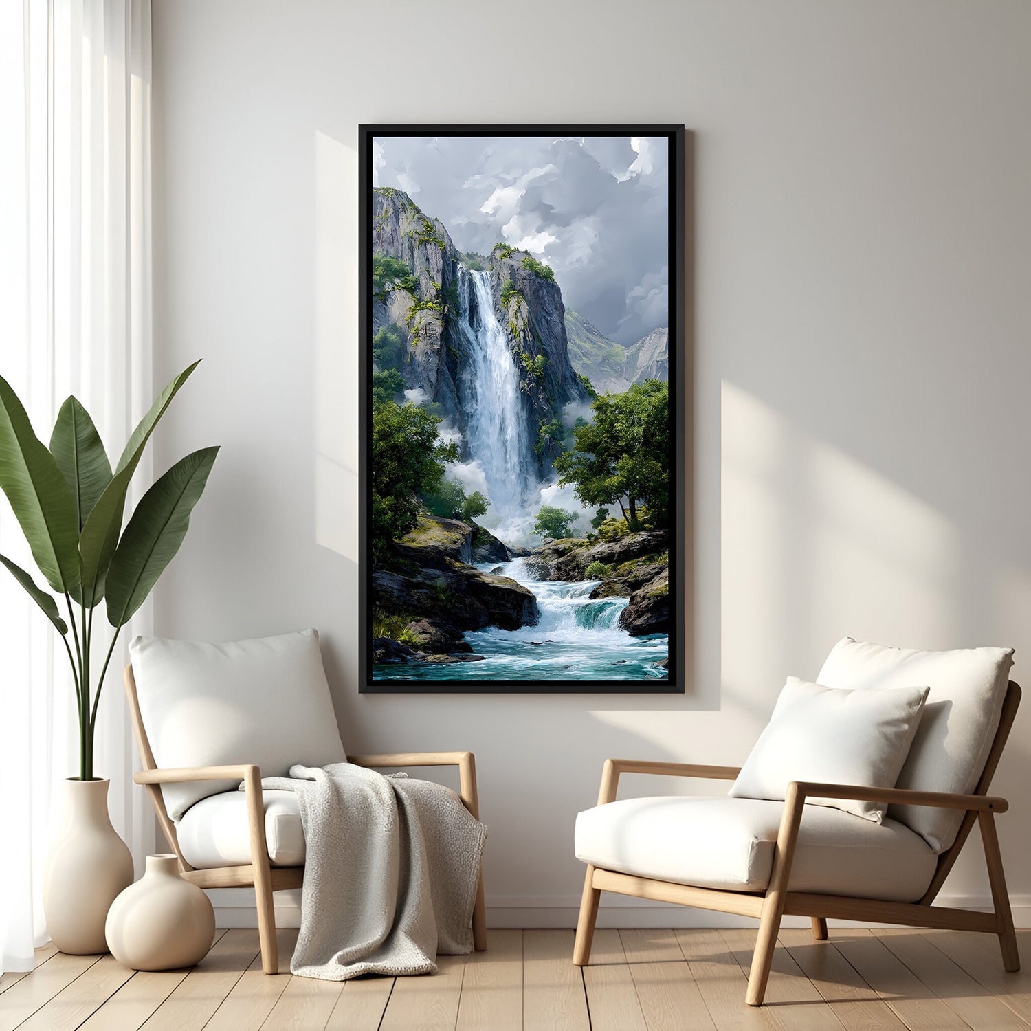 Mountain stream waterfall landscape with verdant foliage in elegant black floater frame
