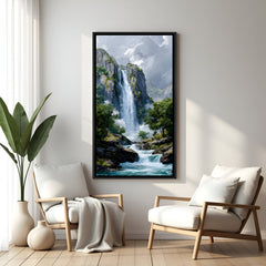 Mountain stream waterfall landscape with verdant foliage in elegant black floater frame