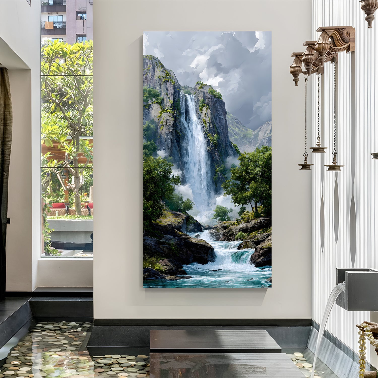 Dramatic mountain waterfall cascading down rocky cliffs surrounded by lush greenery in premium canvas wrapped frame