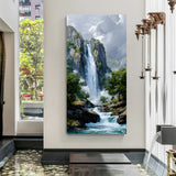 Dramatic mountain waterfall cascading down rocky cliffs surrounded by lush greenery in premium canvas wrapped frame