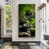 Japanese-style Zen bamboo garden with cascading water and lush green foliage in premium canvas wrapped frame