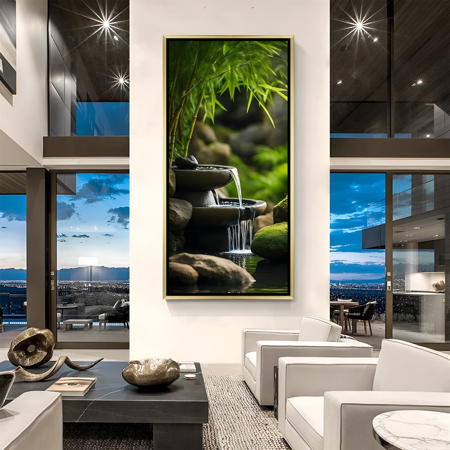 Peaceful Japanese bamboo garden canvas painting with cascading water in luxurious golden floater frame