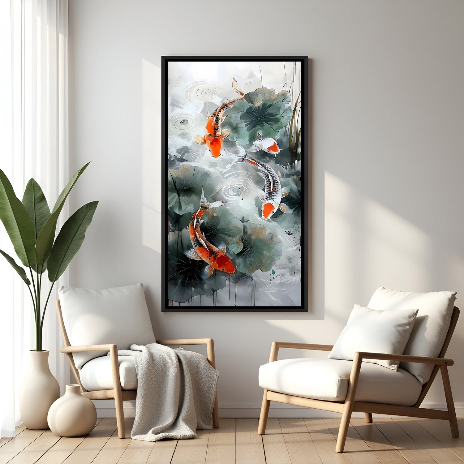 Vibrant koi fish pond artwork with lush green lotus leaves in elegant black floater frame
