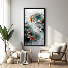 Vibrant koi fish pond artwork with lush green lotus leaves in elegant black floater frame